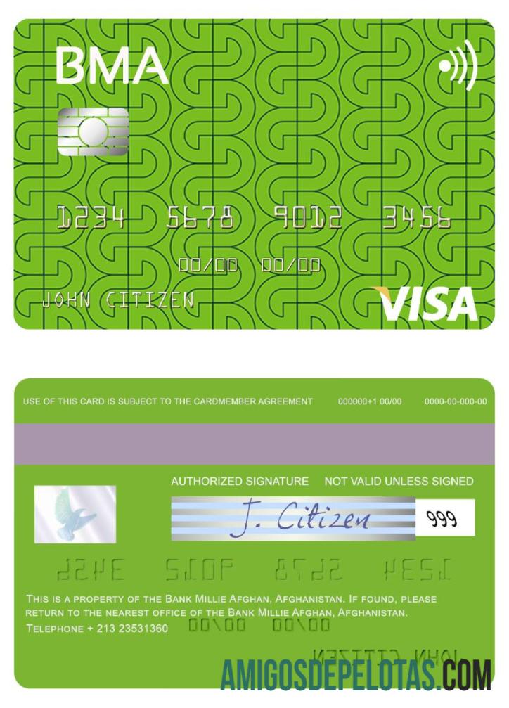 Cartão Visa Afegão Millie Bank do Afeganistão amostra